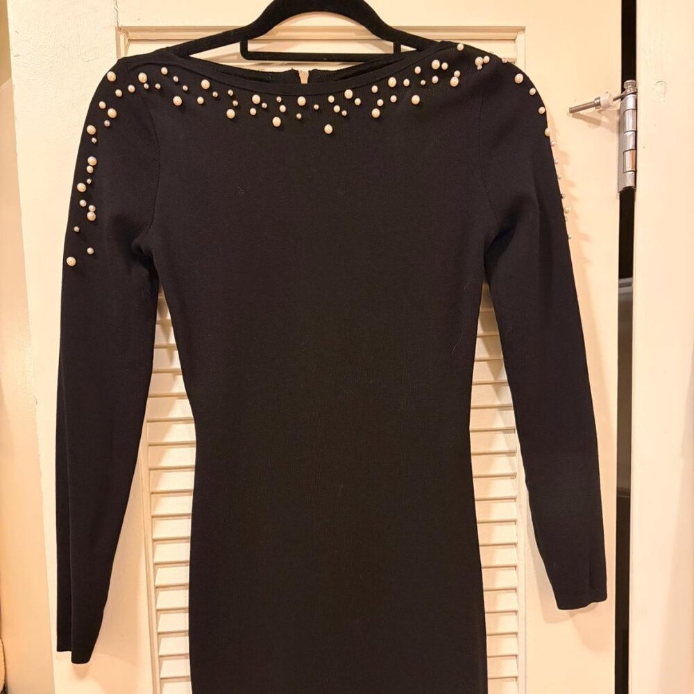 Allyson Collection Black Pearl Embellished Long Sleeve Dress – Elegant Bodycon